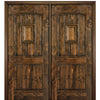 80" Tall 2 Panel V Grooved Solid Knotty Alder Entry Double Door with Operable Wood Speakeasy