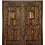 80" Tall 2 Panel V Grooved Solid Knotty Alder Entry Double Door with Operable Wood Speakeasy
