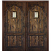 96" Tall 2 Panel V-Grooved Circle Panel Solid Knotty Alder Entry Double Door with Speakeasy