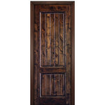 96" Tall 2 Panel V Grooved Square Top Solid Knotty Alder Entry Door