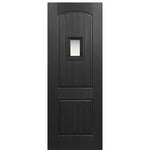 36" x 80" 2-Panel Arch V-Groove Fiberglass Entry Door with glass speakeasy and optional iron mask