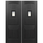 72" x 80" 2-Panel Arch V-Groove Fiberglass Entry Double Door with glass speakeasy and optional iron masks