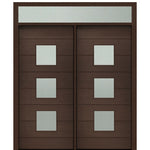 Prehung 72" X 80" Tall Luca 3 Lite Square Lite Modern Mahogany Entry Double Door with Transom