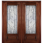 6'-8" Full Lite Mahogany Wood Entry Double Door with Columbia Decorative Glass