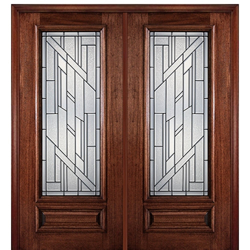 6'-8" Full Lite Mahogany Wood Entry Double Door with Columbia Decorative Glass