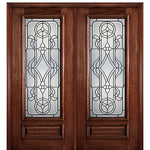 6'-8" Full Lite Mahogany Wood Entry Double Door with Maverick Decorative Glass