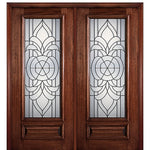 6'-8" Full Lite Mahogany Wood Entry Double Door with Princeton Decorative Glass