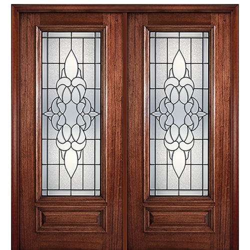 6'-8" Full Lite Mahogany Wood Entry Double Door with Cornell Decorative Glass