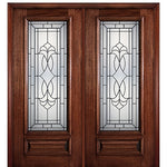 6'-8" Full Lite Mahogany Wood Entry Double Door with Crockett Decorative Glass