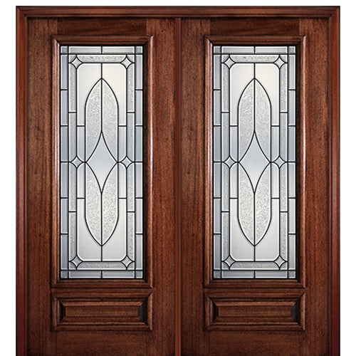 6'-8" Full Lite Mahogany Wood Entry Double Door with Dartmouth Decorative Glass