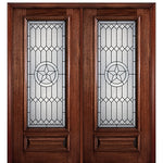 6'-8" Full Lite Mahogany Wood Entry Double Door with Pecos Decorative Glass