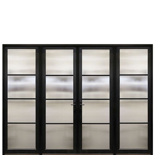 Prehung Narrow Profile Horizontal 4-Lite Fiberglass Entry Double Door With 2 Fixed Sidelites And Multi-Point Lock System 