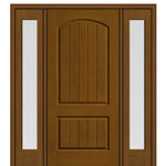 2 Panel Soft Arch Top Mahogany Grain Fiberglass Entry Door with 2 Full Lite Sidelites