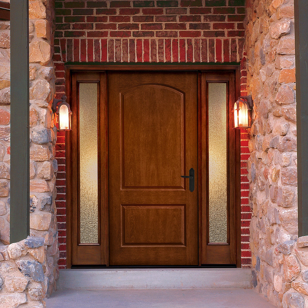 CCR040-1 | 2-Panel Fiberglass Square Top Soft Arch Design Wood-Like Grain Exterior Door With Full Lite Sidelite