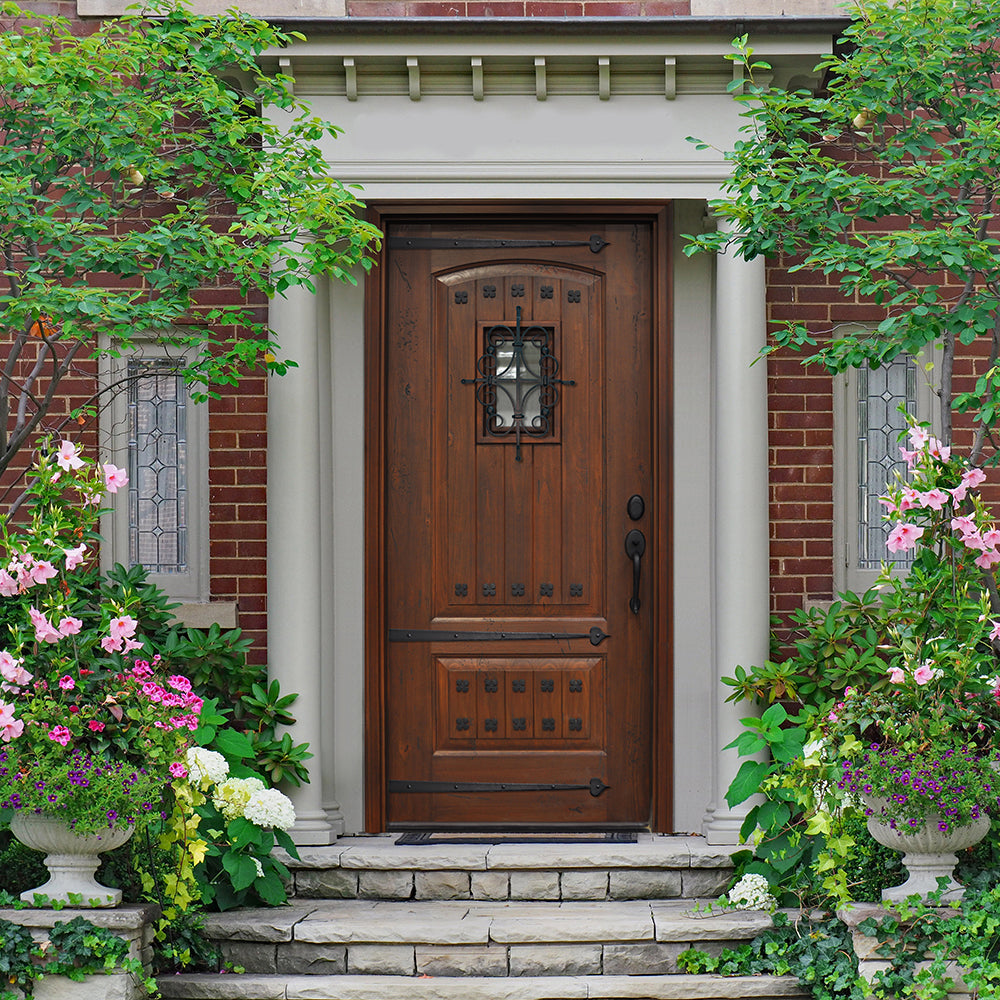 2-Panel V-Grooved SP/CL | 2-Panel V-Grooved Fiberglass Entry Door with Mahogany Wood Grain, Speakeasy and Clavos