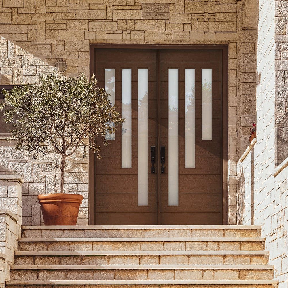 Flores 3-Lite-V-2-L 8/0 E-09 | Prehung 36" X 96" Tall Flores 3-Lite Modern Mahogany Entry Door with Two Sidelite and Transom
