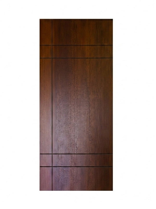 Inglewood FG | Modern Flush Fiberglass Entry Door with Horizontal and Vertical Grooves, Mahogany Wood Grain Texture