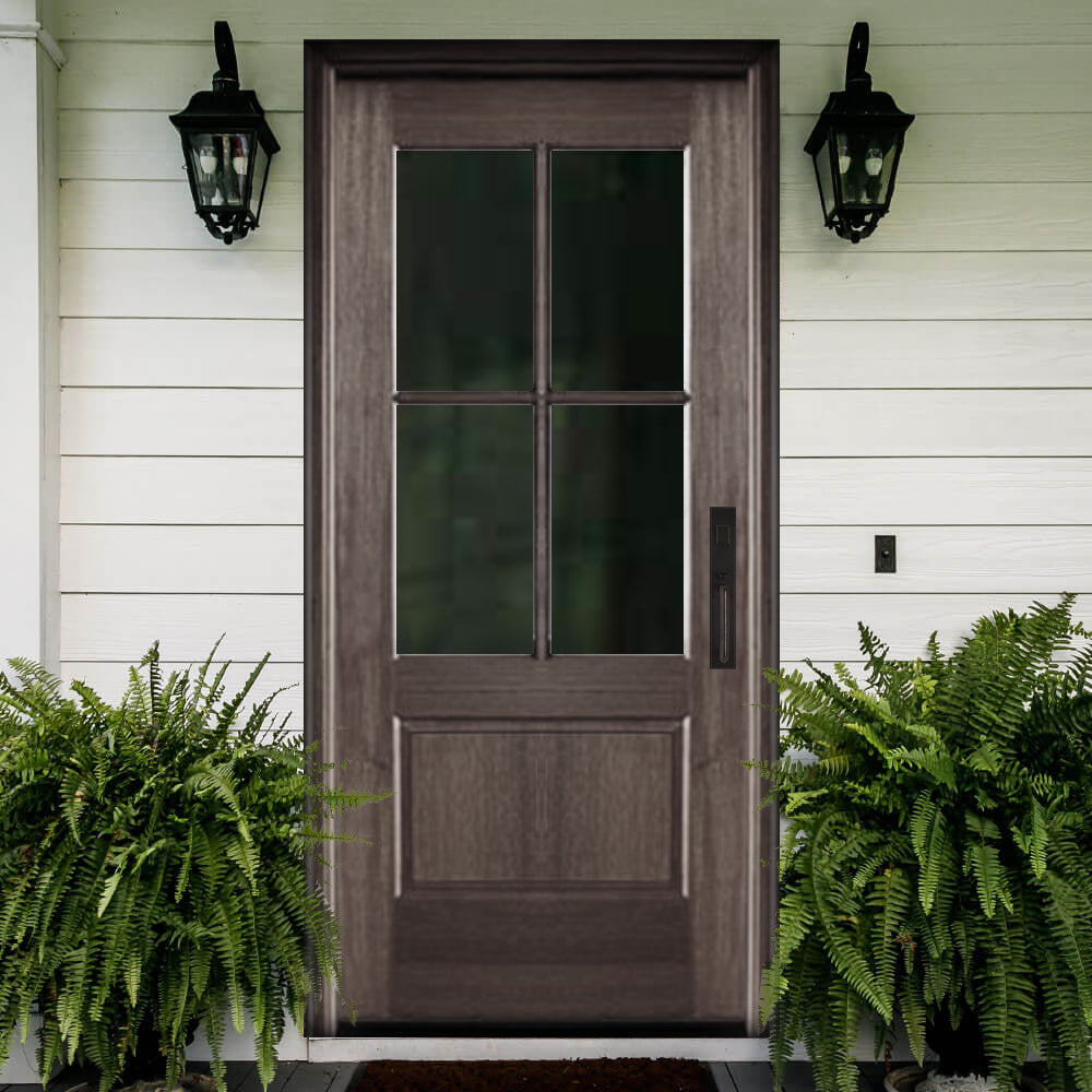 Alexandria TDL 4LT 6/8 E-09 | 4-Lite TDL 80" Mahogany Entry Door with Two Sidelites and Rectangular Transom with Clear Beveled or Flemish Low-E Glass