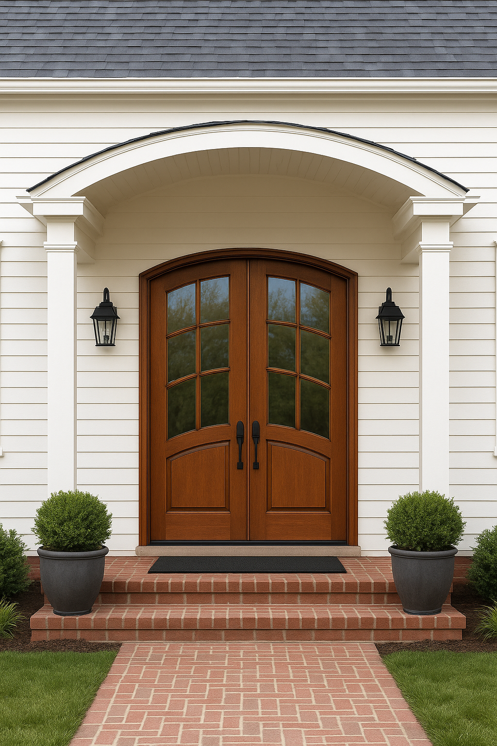 Aberdeen TDL E-17 | 8ft. Tall Pre-hung Eyebrow Radius True Divided 6-Lite Mahogany Double Entry Doors with Arched Glass Panels
