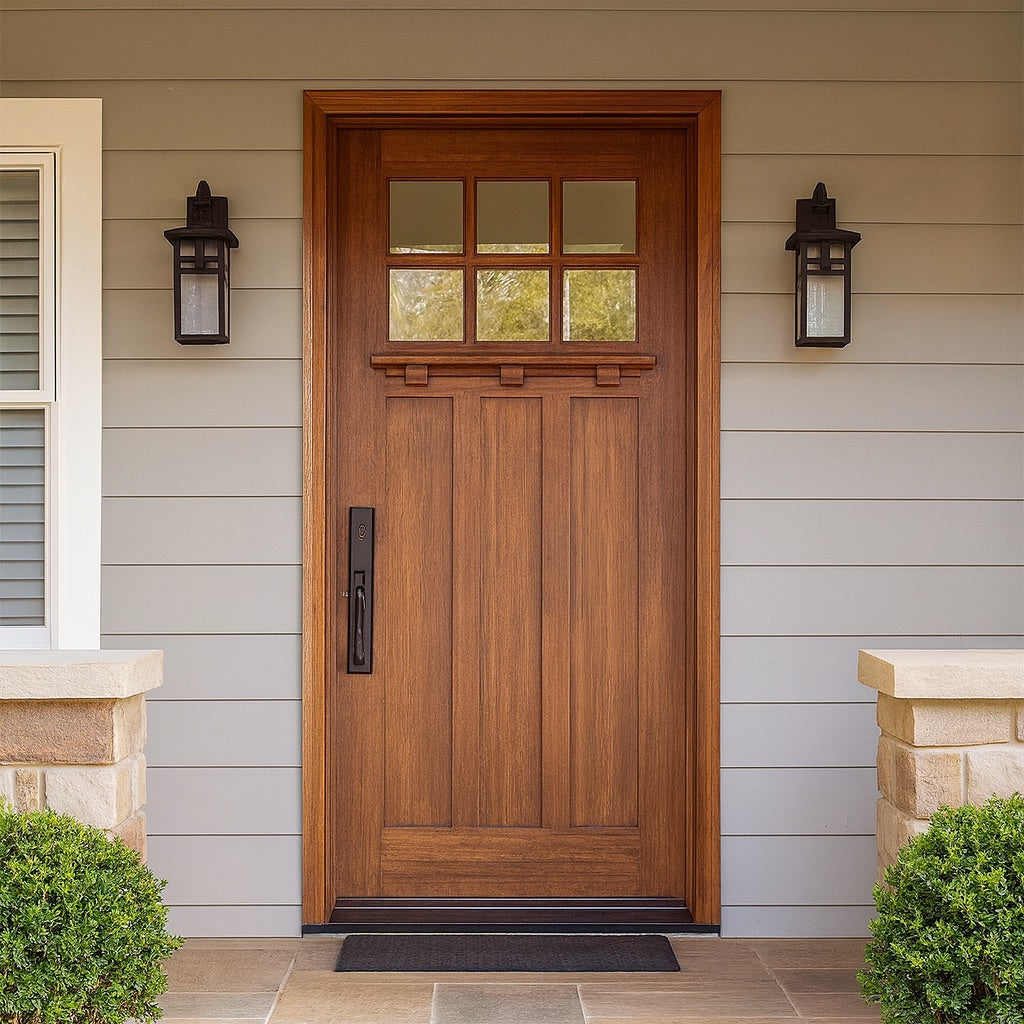 Tuscany 6LT E-01 | Craftsman Style Mahogany 6-Lite Entry Door with Clear Beveled Low-E Glass