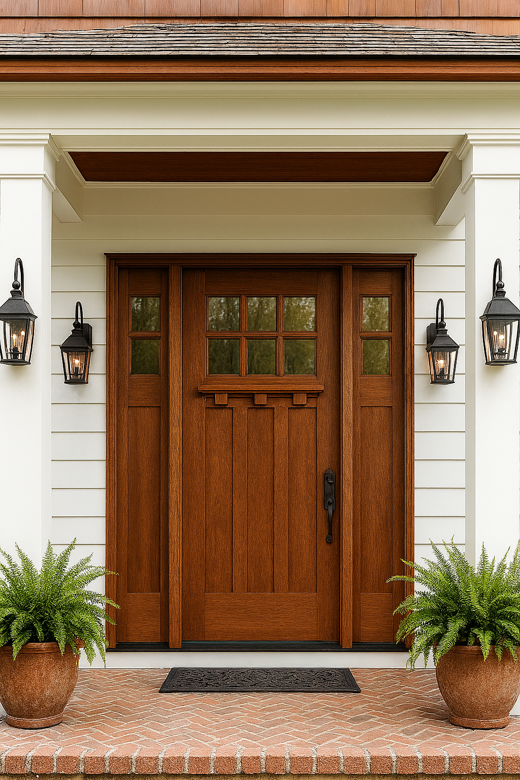 Tuscany 6LT E-03 | Craftsman Style Mahogany 6-Lite Entry Door with Matching Sidelites and Clear Beveled Low-E Glass