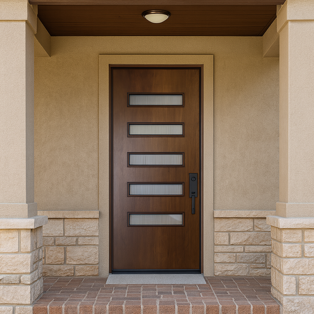 Beverly FG | Modern Fiberglass Exterior Door with Slim Horizontal Glass Panels, Mahogany Wood Grain Texture