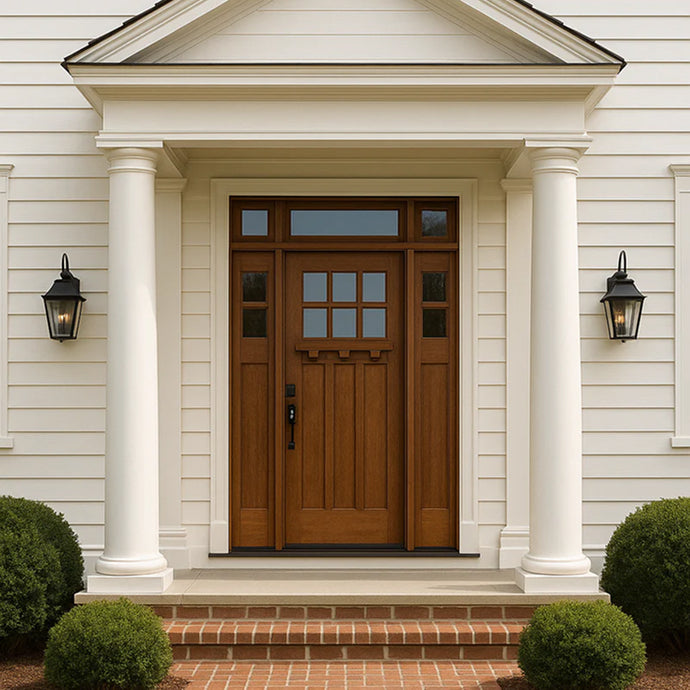 Tuscany 6LT E-08 | Craftsman Style Mahogany 6-Lite Entry Door with Matching Sidelites and Transom in Clear Beveled Low-E Glass