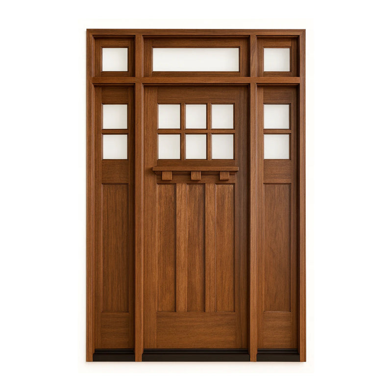 Tuscany 6LT E-08 | Craftsman Style Mahogany 6-Lite Entry Door with Matching Sidelites and Transom in Clear Beveled Low-E Glass