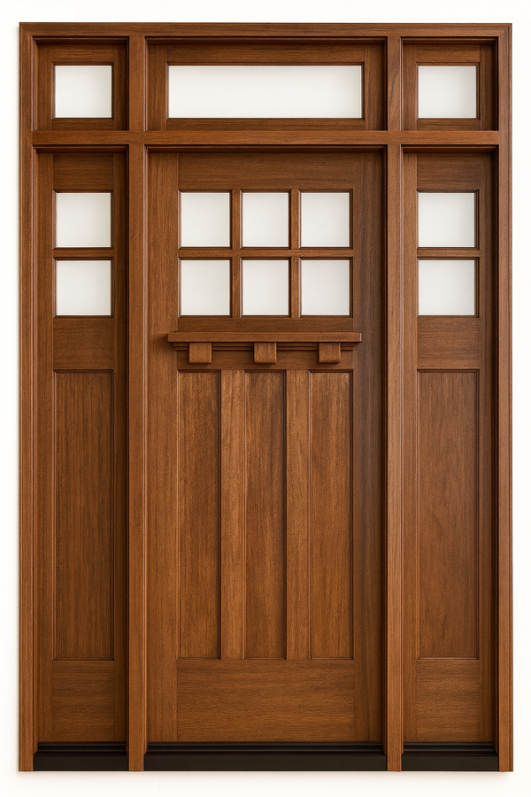 Tuscany 6LT E-08 | Craftsman Style Mahogany 6-Lite Entry Door with Matching Sidelites and Transom in Clear Beveled Low-E Glass