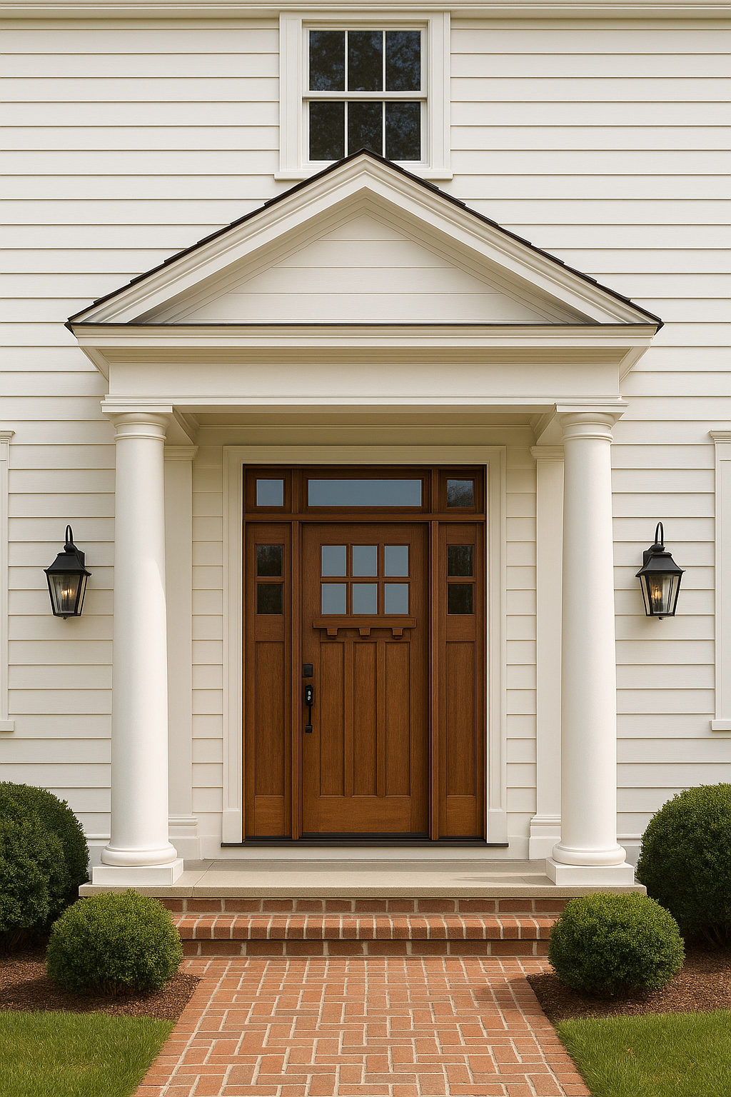 Tuscany 6LT E-08 | Craftsman Style Mahogany 6-Lite Entry Door with Matching Sidelites and Transom in Clear Beveled Low-E Glass