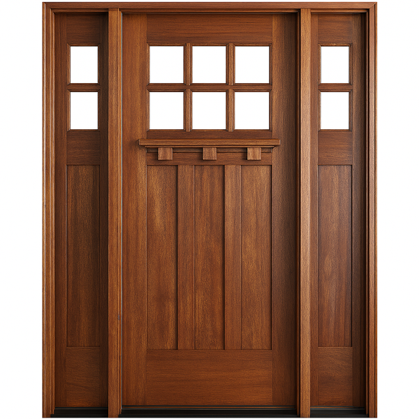 Tuscany 6LT E-03 | Craftsman Style Mahogany 6-Lite Entry Door with Matching Sidelites and Clear Beveled Low-E Glass