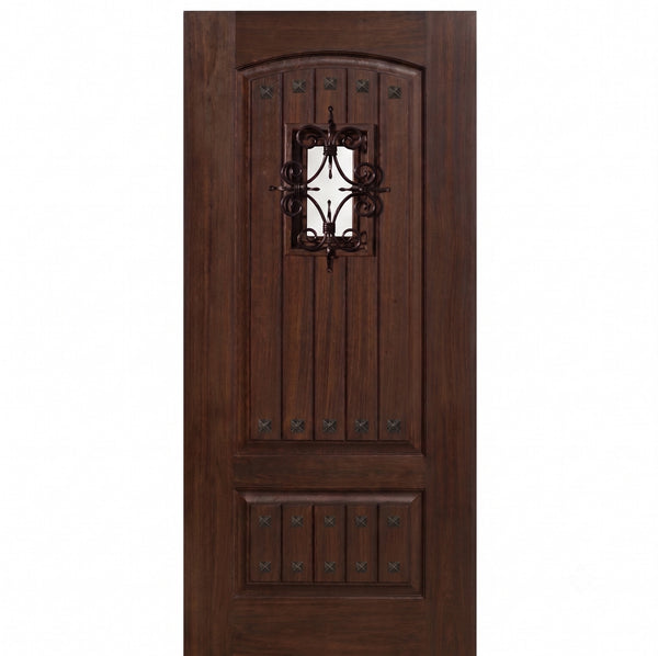 2-Panel V-Grooved SP/CL | 2-Panel V-Grooved Fiberglass Entry Door with Mahogany Wood Grain, Speakeasy and Clavos