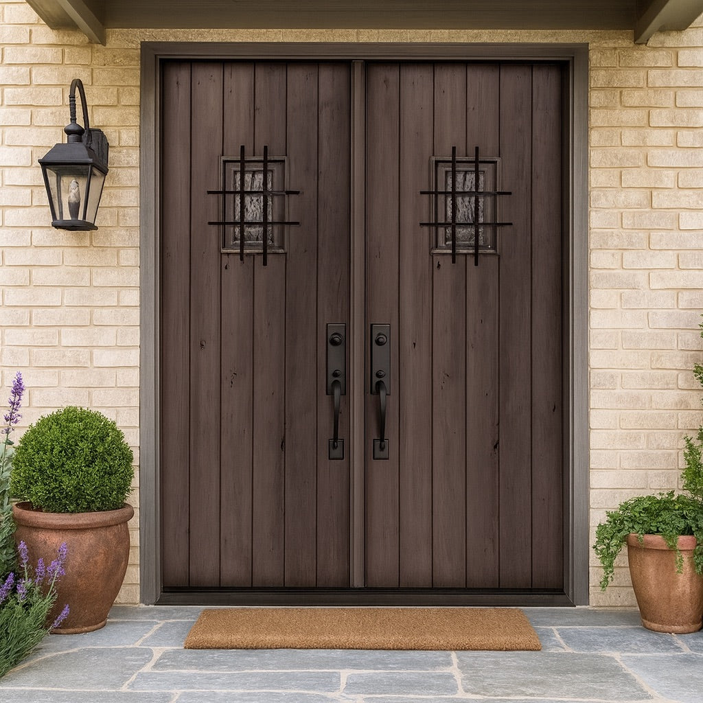 KA SQ Top Plank with Speakeasy-2 | 96" Tall Knotty Alder Square Top Plank Entry Double Door with Speakeasy
