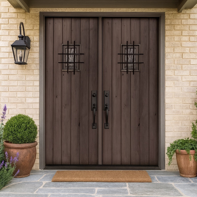 KA SQ Top Plank with Speakeasy-2 | 96" Tall Knotty Alder Square Top Plank Entry Double Door with Speakeasy