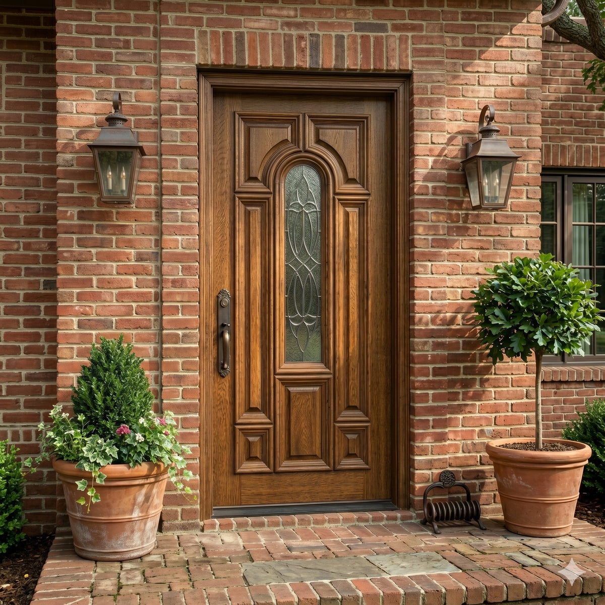 CP-Blanco-68-1 | 80" Mahogany Wood Blanco Carved Panel with Decorative Glass Front Entry Door