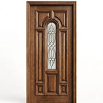 Wooden door with decorative glass panel on a white background