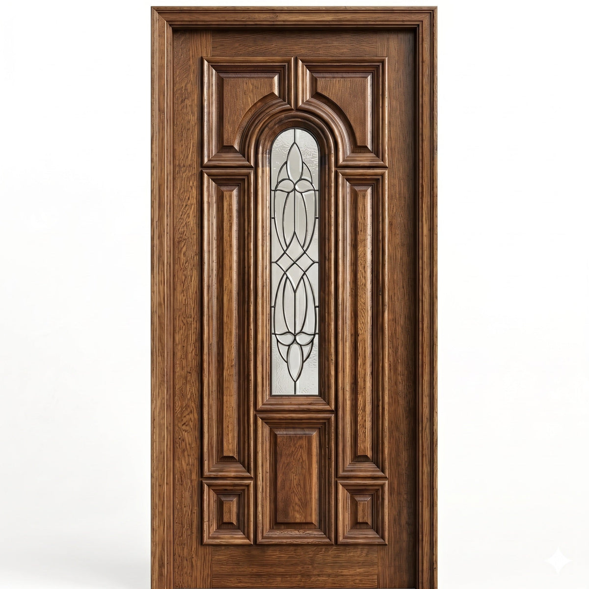Wooden door with decorative glass panel on a white background
