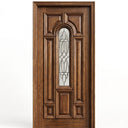 Wooden door with decorative glass panel on a white background