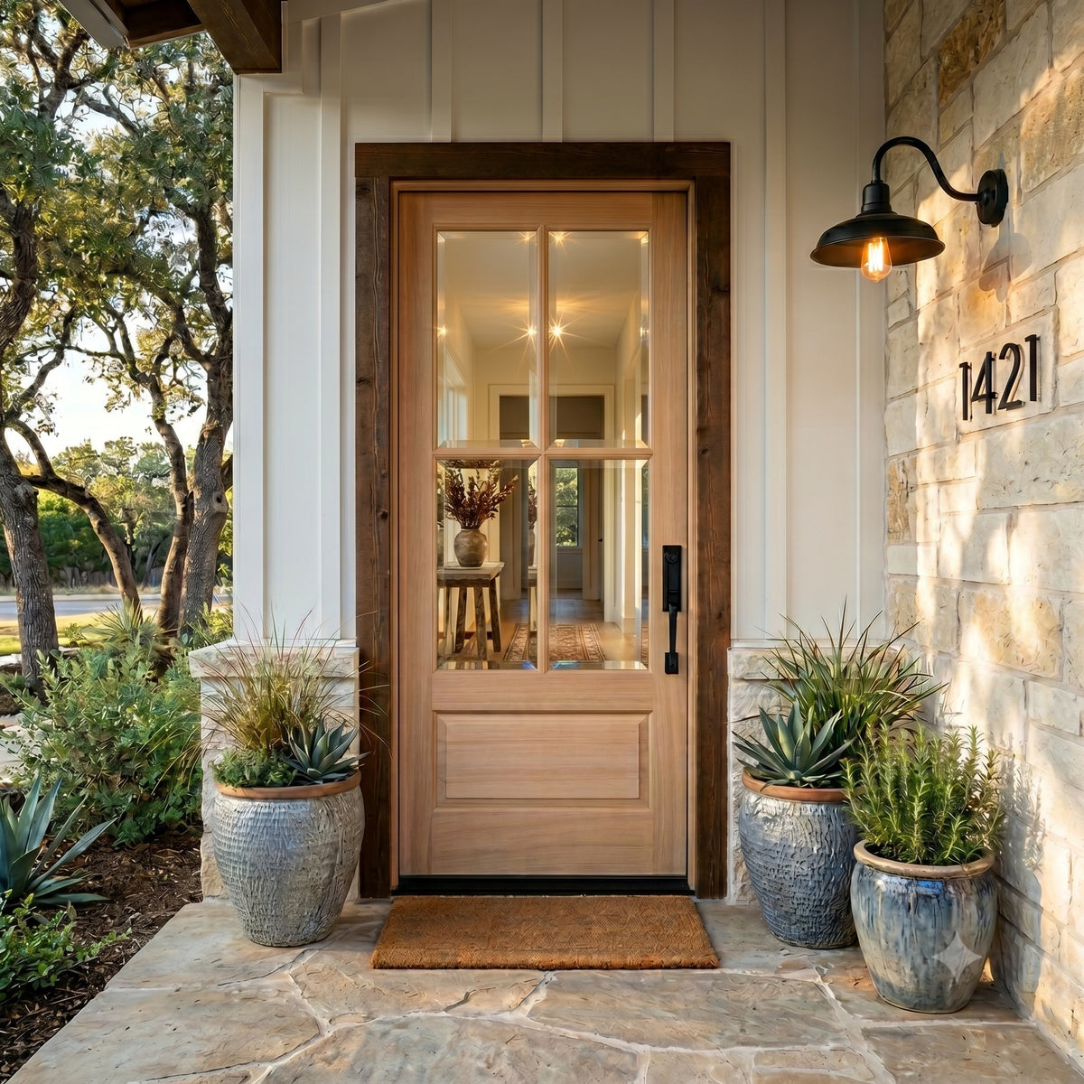 7221-68 | 80" Mahogany Wood 4-Lite True Divided Lite (TDL) 1-Panel Front Door with Insulated, Beveled Glass