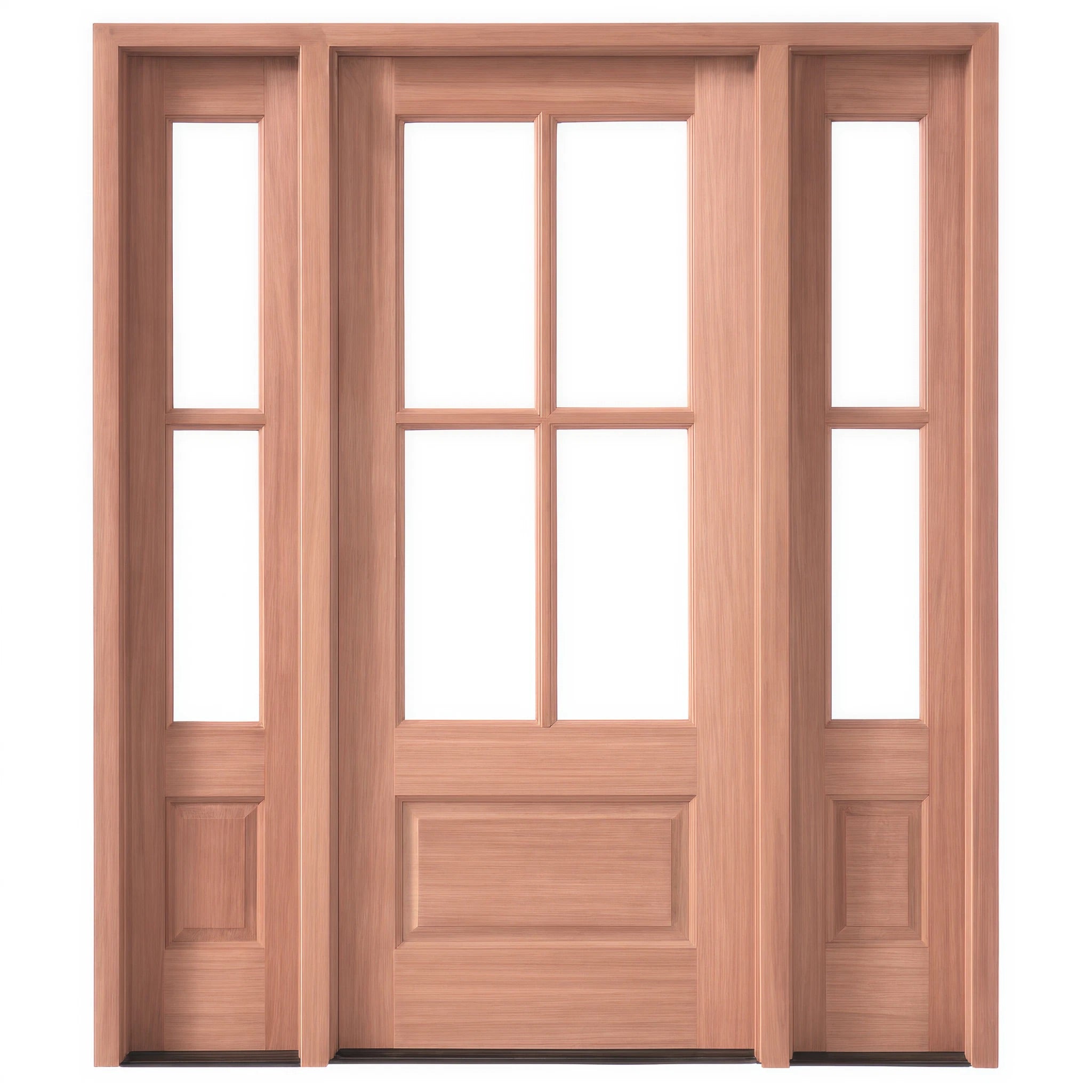 7221-1-2SL121 | 4-Lite 1-Panel Mahogany TDL Entry Door & 14" 2 Lite 1-Panel Sidelites (Insulated, Beveled Glass)