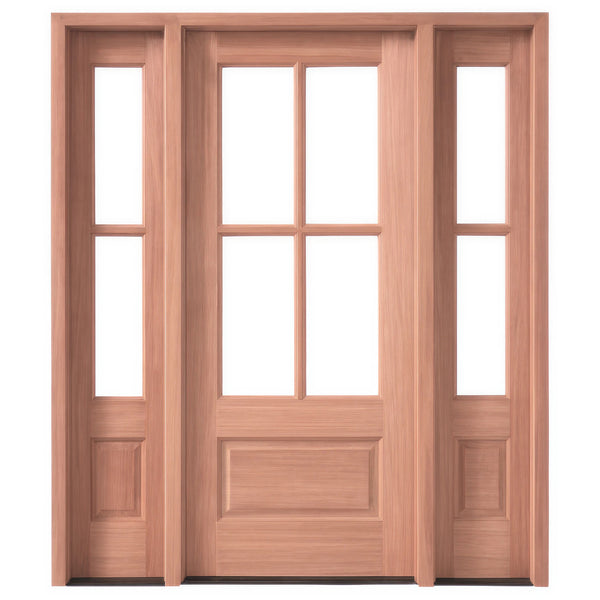7221-1-2SL121 | 4-Lite 1-Panel Mahogany TDL Entry Door & 14" 2 Lite 1-Panel Sidelites (Insulated, Beveled Glass)