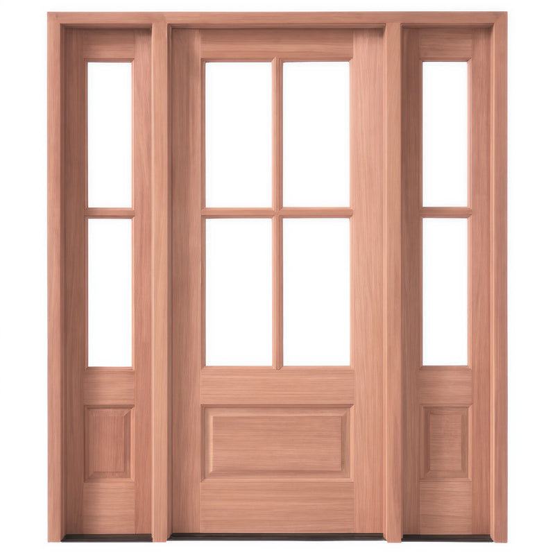 7221-1-2SL121 | 4-Lite 1-Panel Mahogany TDL Entry Door & 14" 2 Lite 1-Panel Sidelites (Insulated, Beveled Glass)