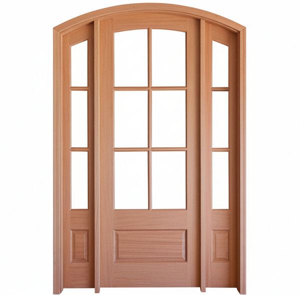 7231A-SL12-131A | Prehung 6-Lite 1-Panel Arch Top Mahogany Entry Door and Two 12" 3-Lite 1-Panel Sidelites with Insulated, Beveled Glass